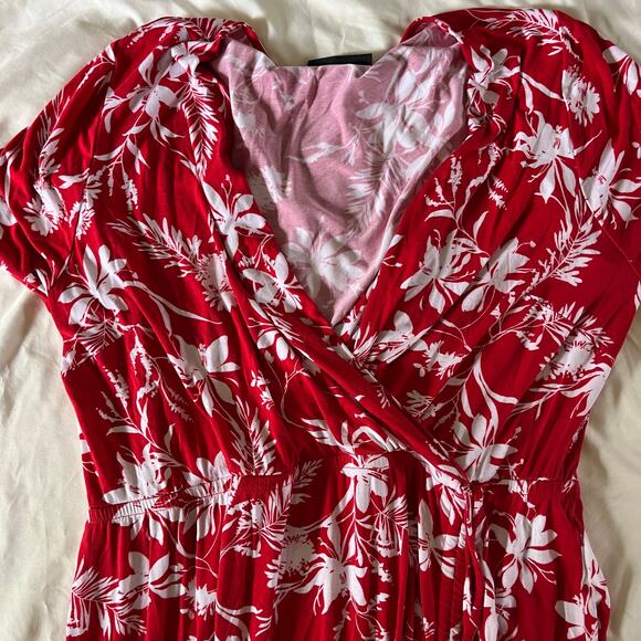 Red Tropical Floral Print Short Sleeve Wrap Maxi Dress Plus Sz 2X Stretch Cruise - Picture 3 of 10